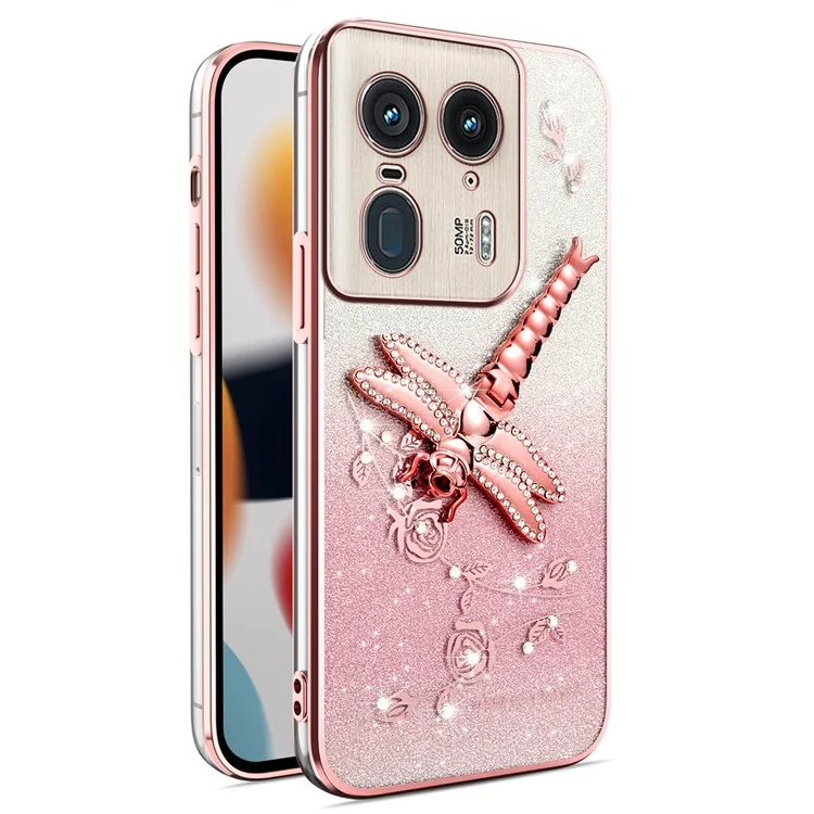 Capa KADEM para Motorola Edge 50 Ultra 5G Dragonfly Kickstand TPU Flores Glitter Phone Cover - Rosa