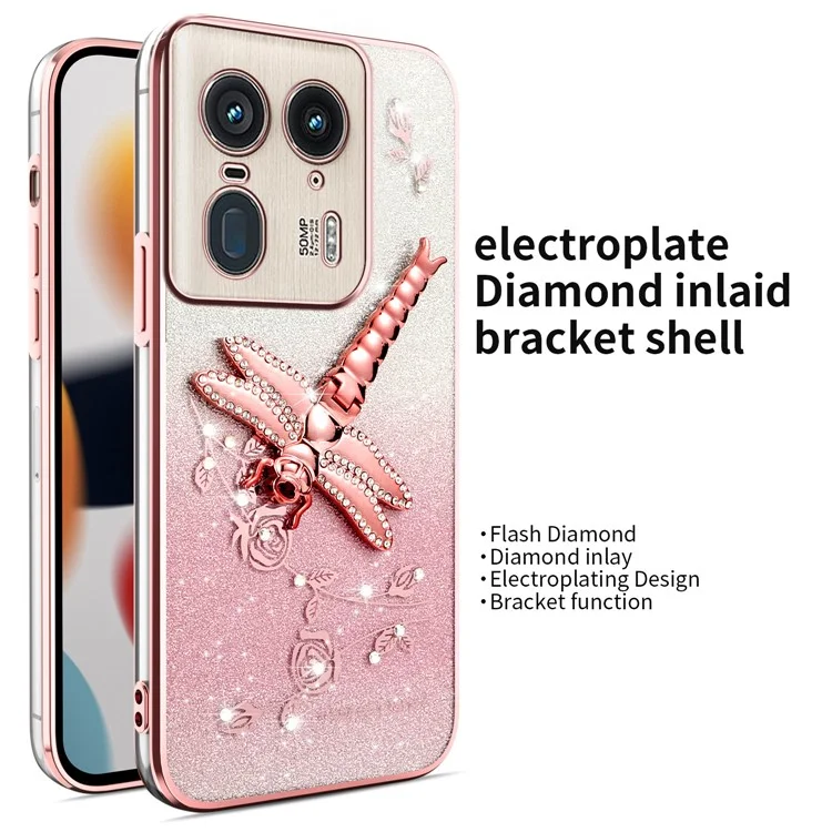 Capa KADEM para Motorola Edge 50 Ultra 5G Dragonfly Kickstand TPU Flores Glitter Phone Cover - Rosa