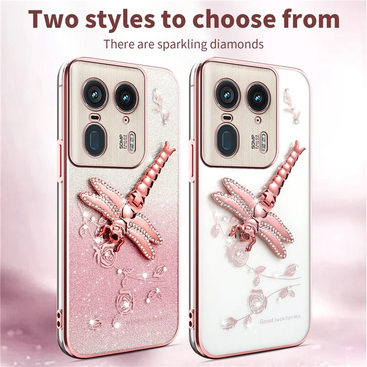 Capa KADEM para Motorola Edge 50 Ultra 5G Dragonfly Kickstand TPU Flores Glitter Phone Cover - Rosa