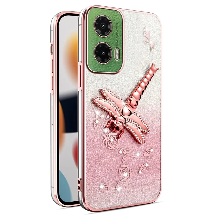 KADEM Funda para Motorola Moto G45 5G / G35 5G / G34 5G Libélula con soporte plegable Cubierta de teléfono TPU con flores y brillo - Rosa