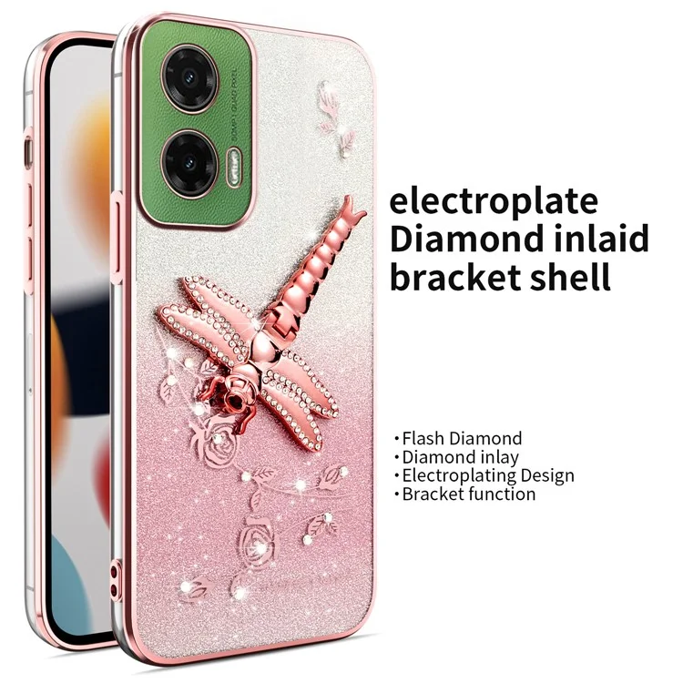 KADEM Funda para Motorola Moto G45 5G / G35 5G / G34 5G Libélula con soporte plegable Cubierta de teléfono TPU con flores y brillo - Rosa
