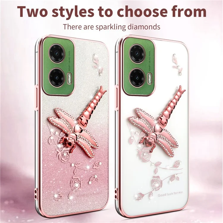 KADEM Funda para Motorola Moto G45 5G / G35 5G / G34 5G Libélula con soporte plegable Cubierta de teléfono TPU con flores y brillo - Rosa