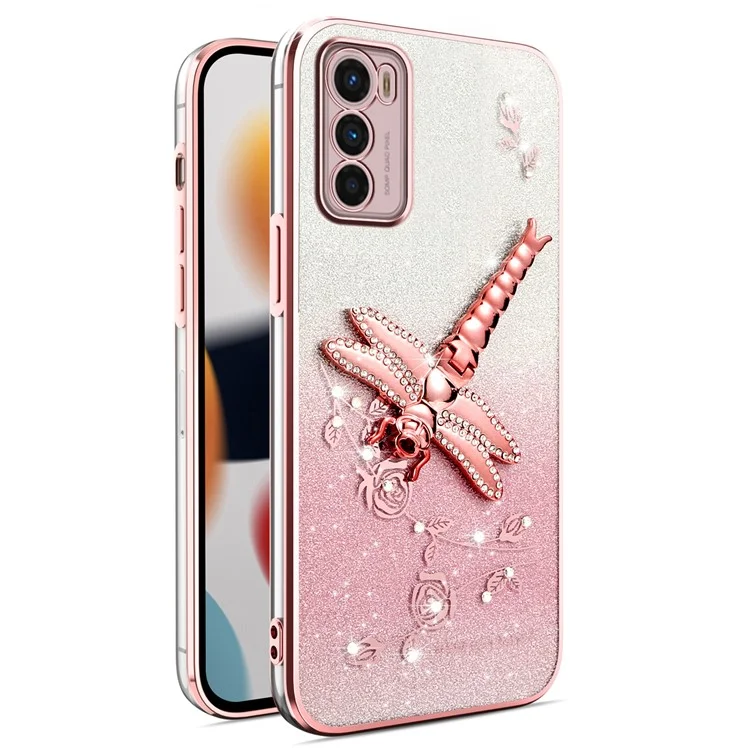 KADEM Hülle für Motorola Moto G42 4G, Libellen-Ständer, TPU-Blumen, Glitzer-Handyhülle - Pink