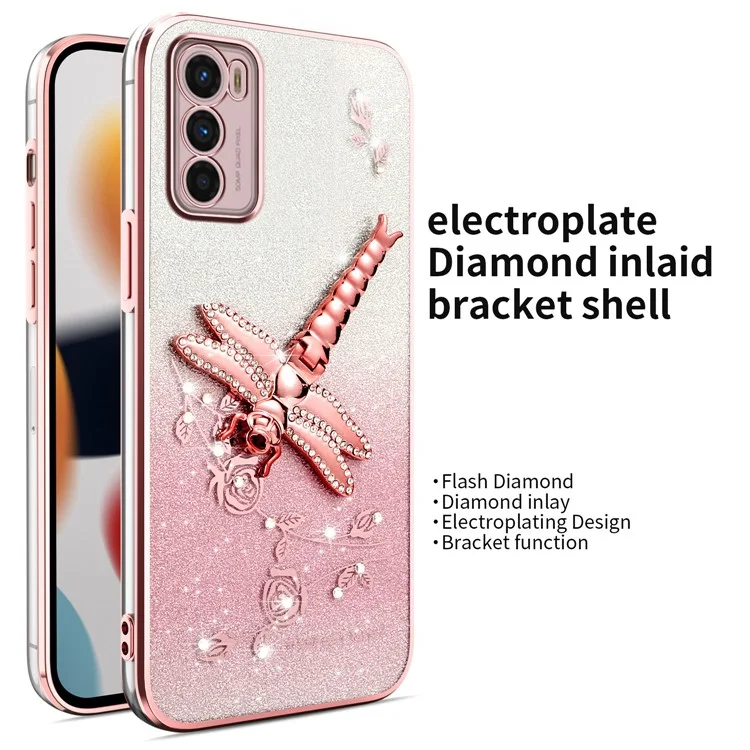 KADEM Hülle für Motorola Moto G42 4G, Libellen-Ständer, TPU-Blumen, Glitzer-Handyhülle - Pink