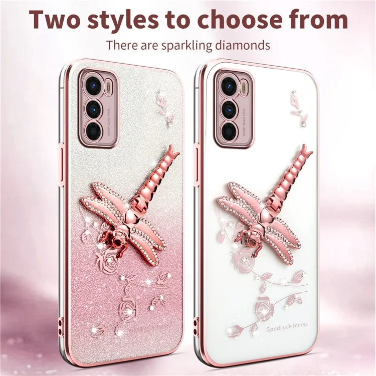 KADEM Hülle für Motorola Moto G42 4G, Libellen-Ständer, TPU-Blumen, Glitzer-Handyhülle - Pink