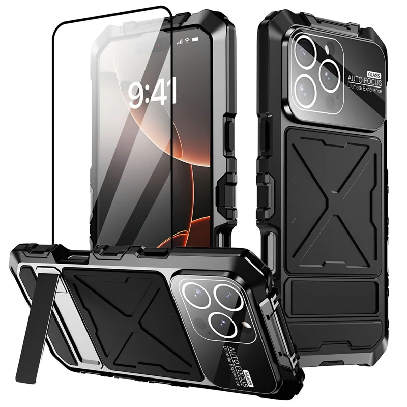 For iPhone 16 Pro Case Silicone + Metal Kickstand Anti Drop Three-Layer Protection Cover - Zwart