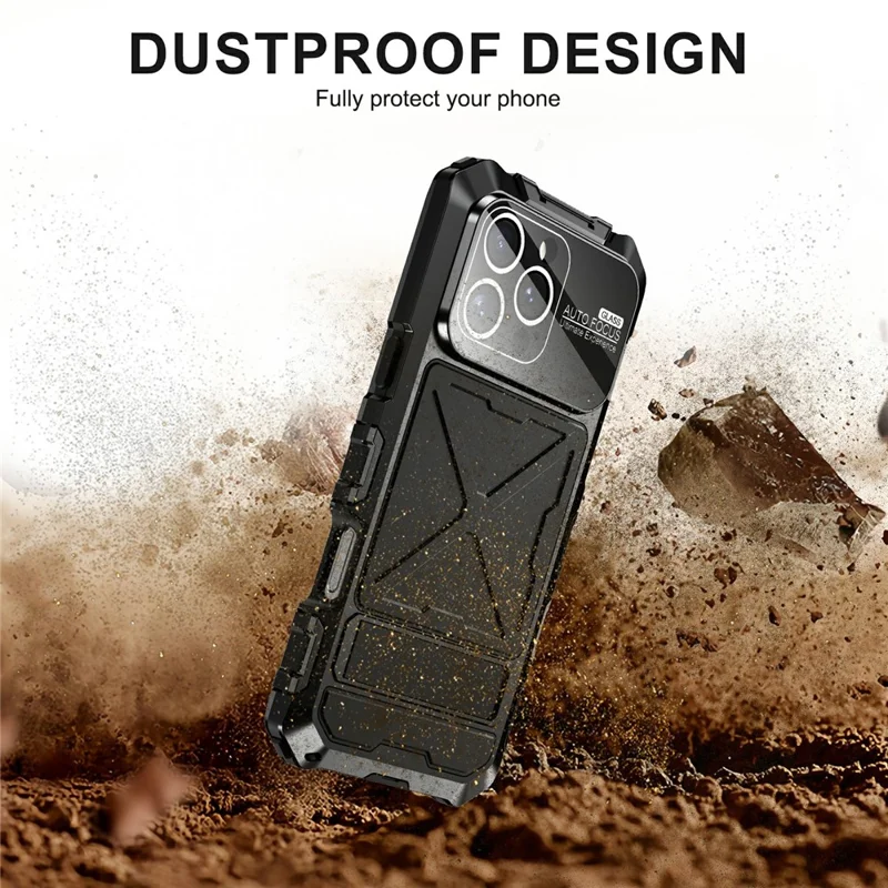 For iPhone 16 Pro Case Silicone + Metal Kickstand Anti Drop Three-Layer Protection Cover - Zwart
