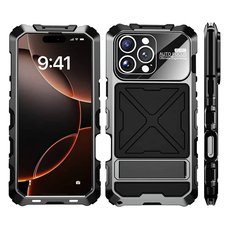 For iPhone 16 Pro Case Silicone + Metal Kickstand Anti Drop Three-Layer Protection Cover - Zwart