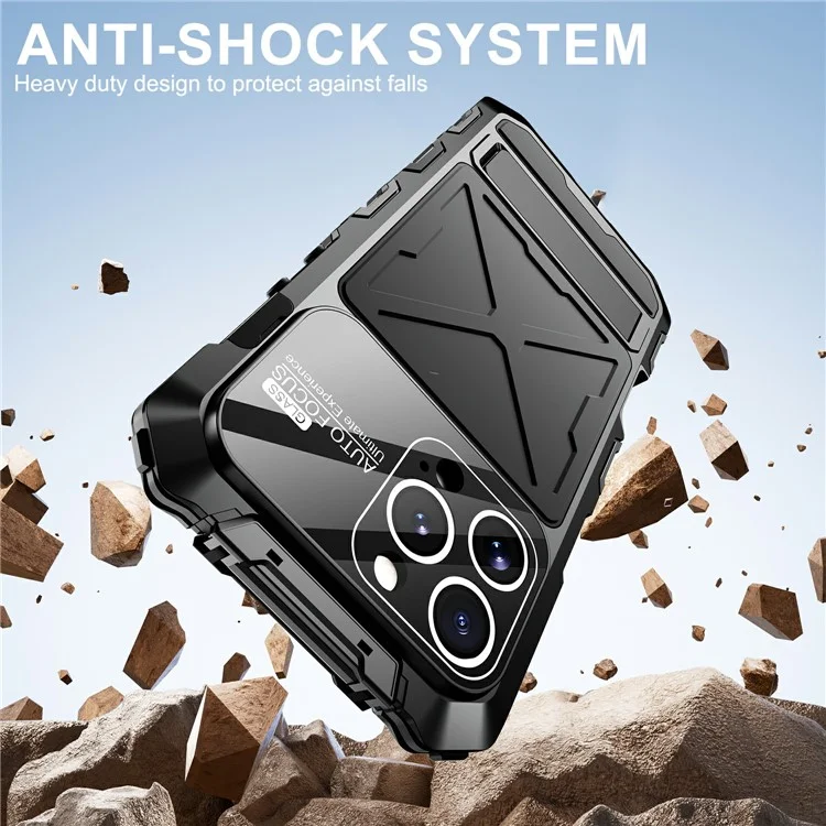 For iPhone 16 Pro Max Case Silicone + Metal Kickstand Anti Drop Three-Layer Protection Cover - Black