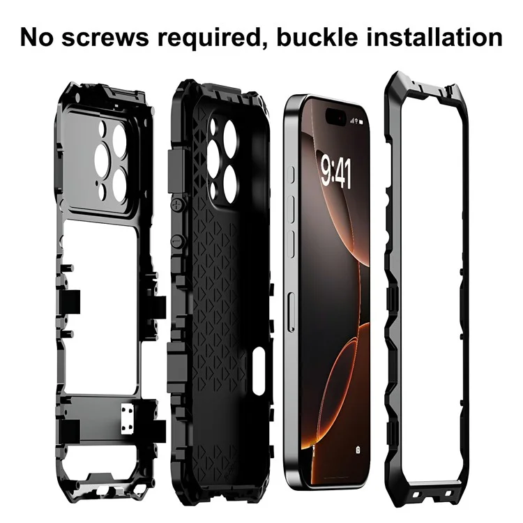 For iPhone 16 Pro Max Case Silicone + Metal Kickstand Anti Drop Three-Layer Protection Cover - Black