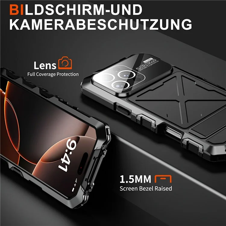 For iPhone 16 Pro Max Case Silicone + Metal Kickstand Anti Drop Three-Layer Protection Cover - Black