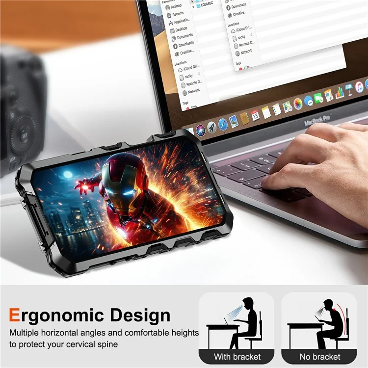 For iPhone 16 Pro Max Case Silicone + Metal Kickstand Anti Drop Three-Layer Protection Cover - Black