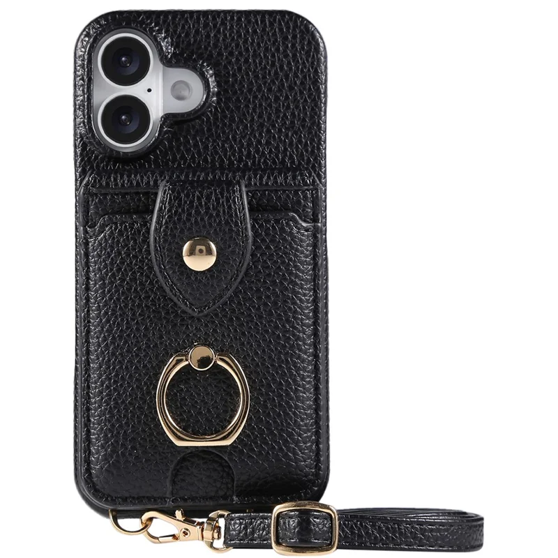 Für iPhone 16 Plus Hülle mit Kartenfach, Schultergurt PC+TPU Ring Ständer Handyhülle - Schwarz