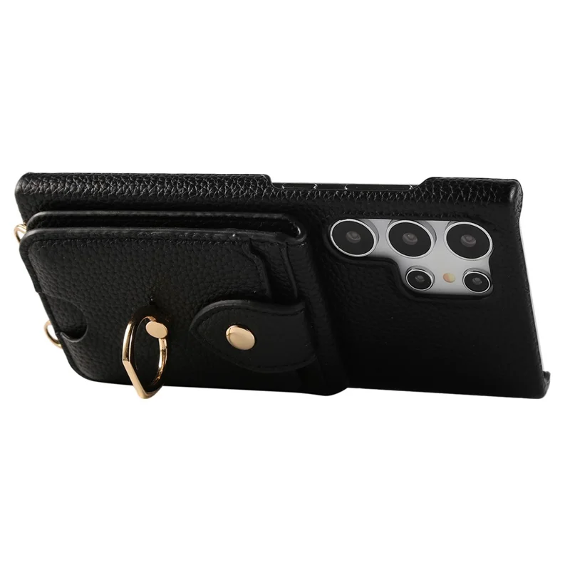 For Samsung Galaxy S24 Ultra Case with Card Holder, Shoulder Strap PC+TPU Ring Kickstand Phone Back Cover - Black