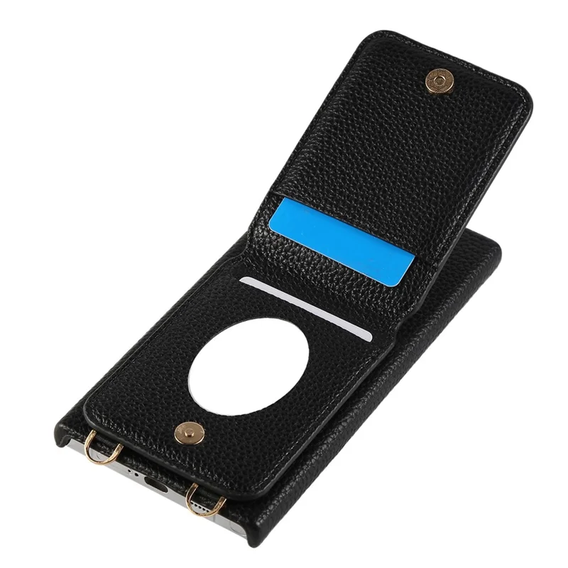 For Samsung Galaxy S24 Ultra Case with Card Holder, Shoulder Strap PC+TPU Ring Kickstand Phone Back Cover - Black