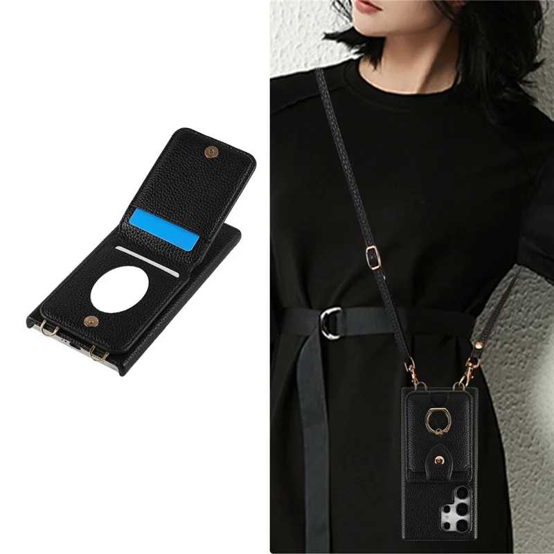 For Samsung Galaxy S24 Ultra Case with Card Holder, Shoulder Strap PC+TPU Ring Kickstand Phone Back Cover - Black