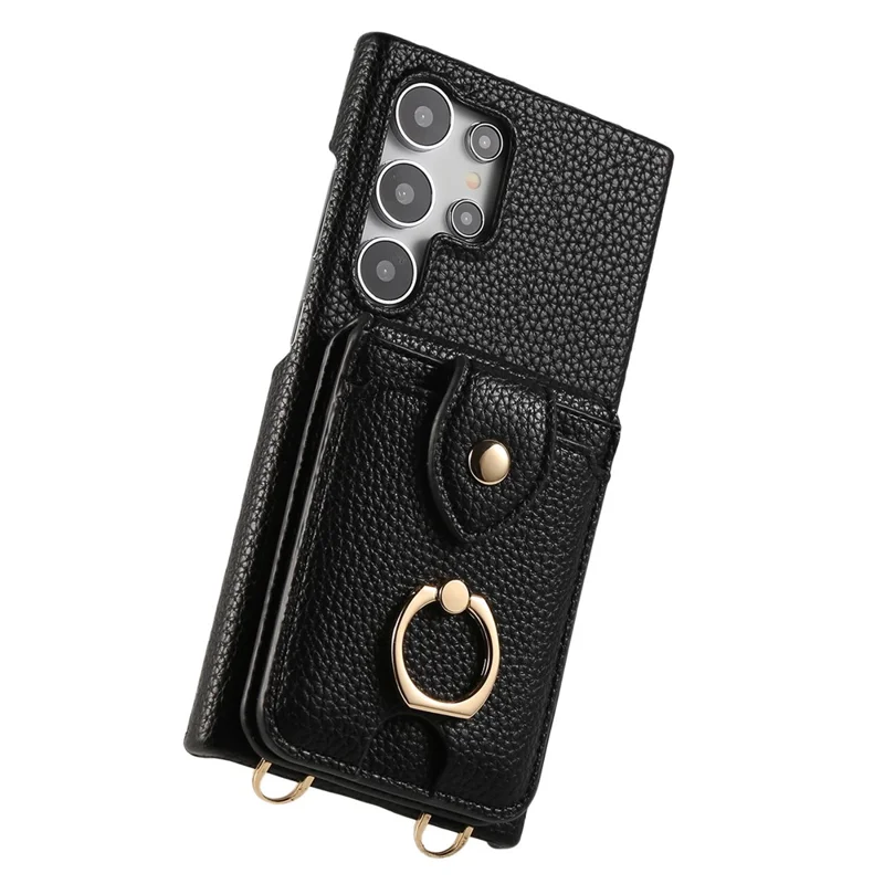 For Samsung Galaxy S24 Ultra Case with Card Holder, Shoulder Strap PC+TPU Ring Kickstand Phone Back Cover - Black