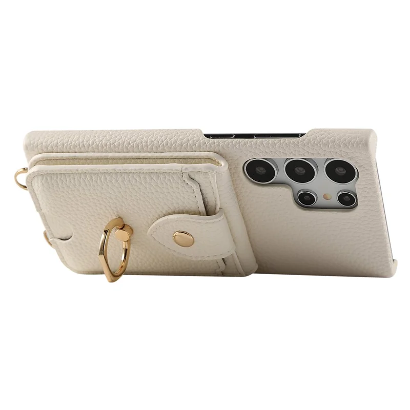 For Samsung Galaxy S24 Ultra Case with Card Holder, Shoulder Strap PC+TPU Ring Kickstand Phone Back Cover - White