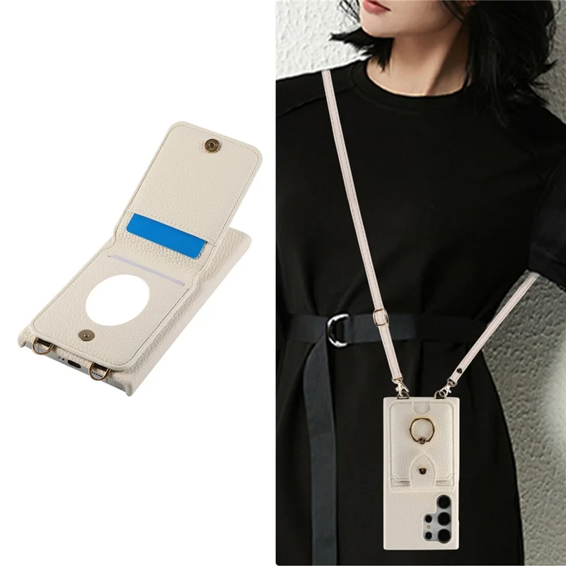 For Samsung Galaxy S24 Ultra Case with Card Holder, Shoulder Strap PC+TPU Ring Kickstand Phone Back Cover - White