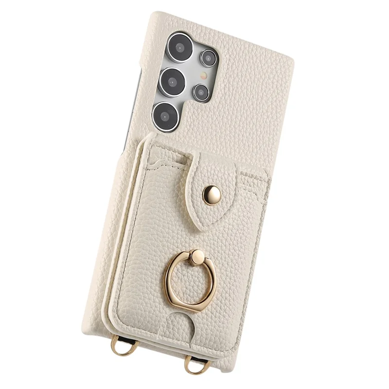 For Samsung Galaxy S24 Ultra Case with Card Holder, Shoulder Strap PC+TPU Ring Kickstand Phone Back Cover - White