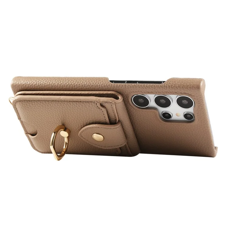 For Samsung Galaxy S23 Ultra Case with Card Holder, Shoulder Strap PC+TPU Ring Kickstand Phone Back Cover - Light Tan