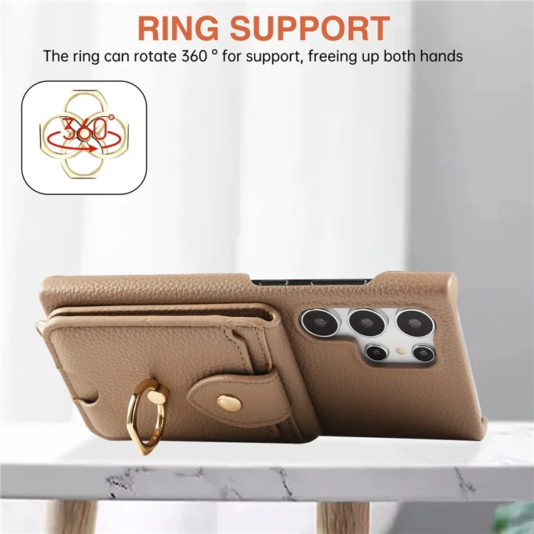 For Samsung Galaxy S23 Ultra Case with Card Holder, Shoulder Strap PC+TPU Ring Kickstand Phone Back Cover - Light Tan