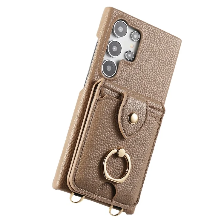 For Samsung Galaxy S23 Ultra Case with Card Holder, Shoulder Strap PC+TPU Ring Kickstand Phone Back Cover - Light Tan