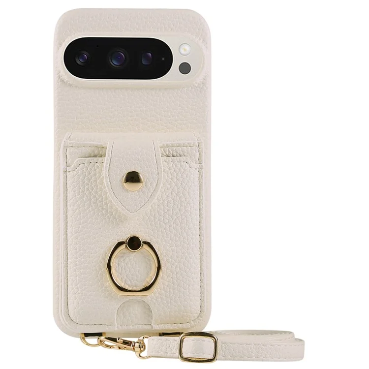 For Google Pixel 9 Pro XL  /  9 Pro Case with Card Holder, Shoulder Strap PC+TPU Ring Kickstand Phone Back Cover - White