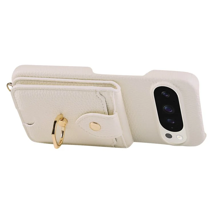 For Google Pixel 9 Pro XL  /  9 Pro Case with Card Holder, Shoulder Strap PC+TPU Ring Kickstand Phone Back Cover - White