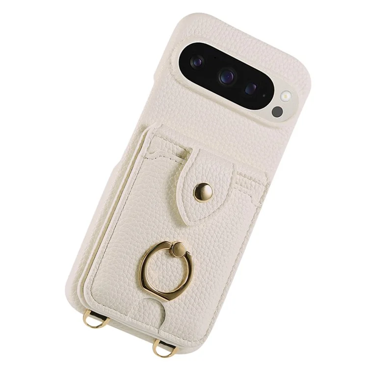 For Google Pixel 9 Pro XL  /  9 Pro Case with Card Holder, Shoulder Strap PC+TPU Ring Kickstand Phone Back Cover - White