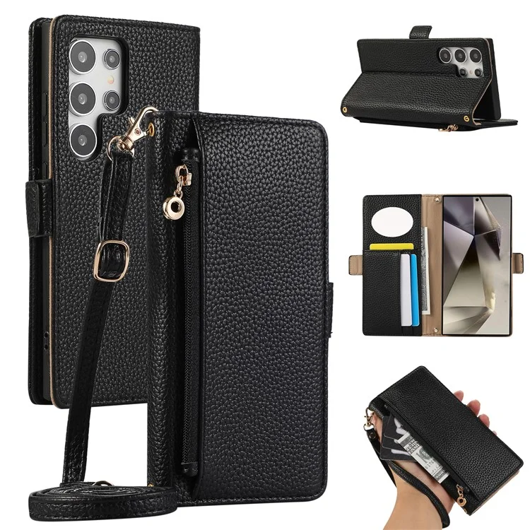 For Samsung Galaxy S24 Ultra Wallet Phone Case Shockproof TPU+PU Leather Flip Cover with Mirror, Strap - Black