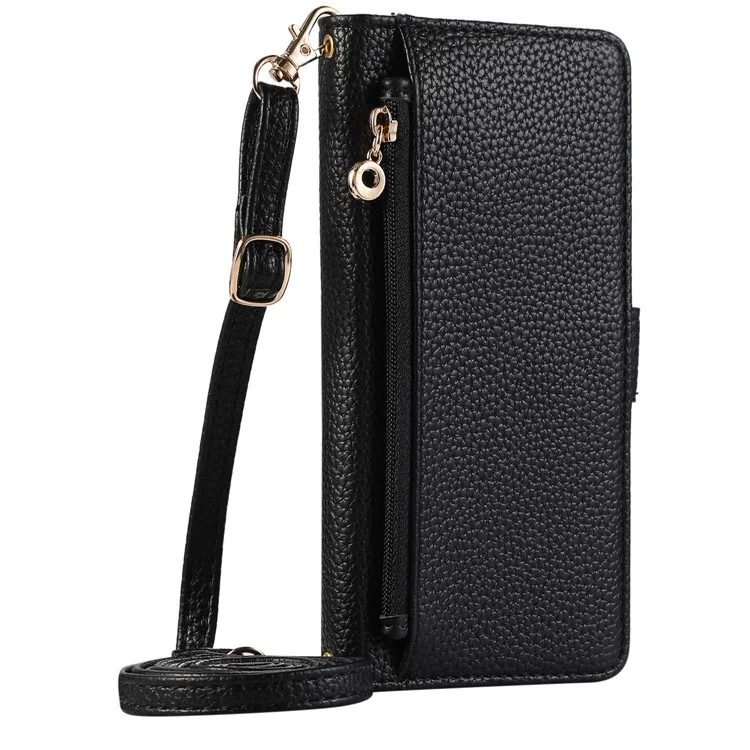 For Samsung Galaxy S24 Ultra Wallet Phone Case Shockproof TPU+PU Leather Flip Cover with Mirror, Strap - Black