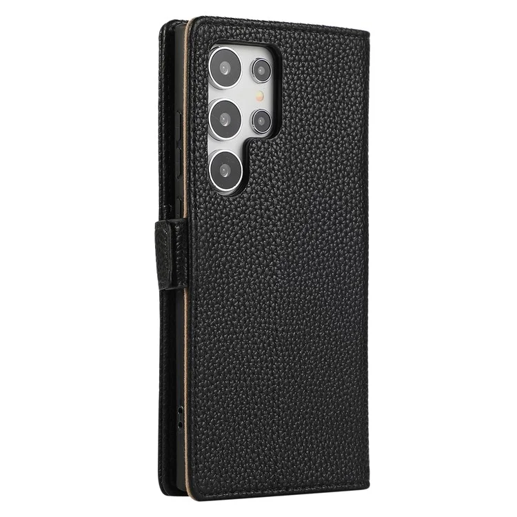 For Samsung Galaxy S24 Ultra Wallet Phone Case Shockproof TPU+PU Leather Flip Cover with Mirror, Strap - Black