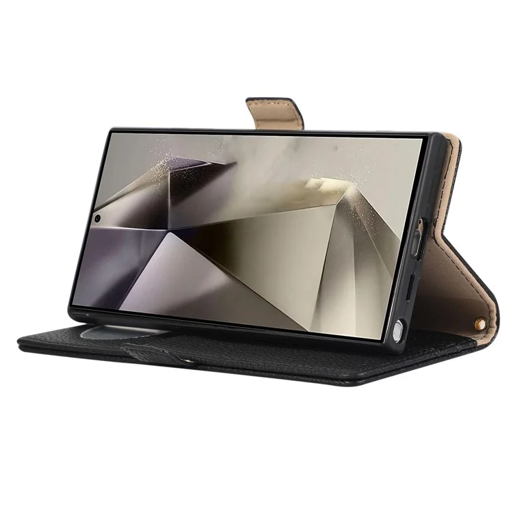 For Samsung Galaxy S24 Ultra Wallet Phone Case Shockproof TPU+PU Leather Flip Cover with Mirror, Strap - Black