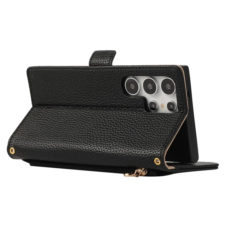 For Samsung Galaxy S24 Ultra Wallet Phone Case Shockproof TPU+PU Leather Flip Cover with Mirror, Strap - Black