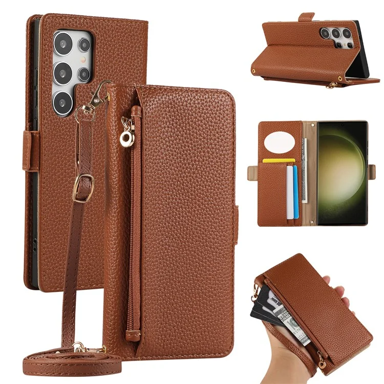 For Samsung Galaxy S23 Ultra Wallet Phone Case Shockproof TPU+PU Leather Flip Cover with Mirror, Strap - Brown
