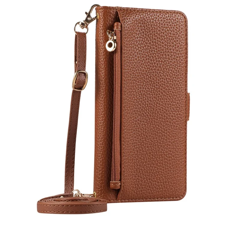 For Samsung Galaxy S23 Ultra Wallet Phone Case Shockproof TPU+PU Leather Flip Cover with Mirror, Strap - Brown
