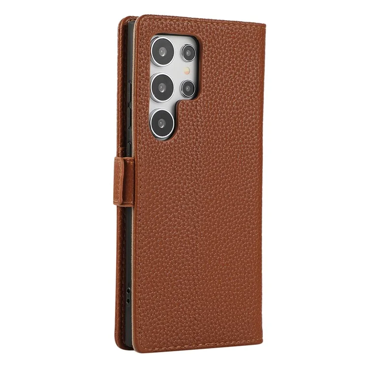 For Samsung Galaxy S23 Ultra Wallet Phone Case Shockproof TPU+PU Leather Flip Cover with Mirror, Strap - Brown