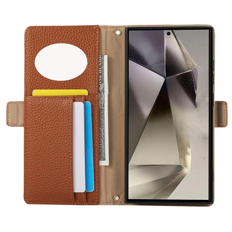 For Samsung Galaxy S23 Ultra Wallet Phone Case Shockproof TPU+PU Leather Flip Cover with Mirror, Strap - Brown