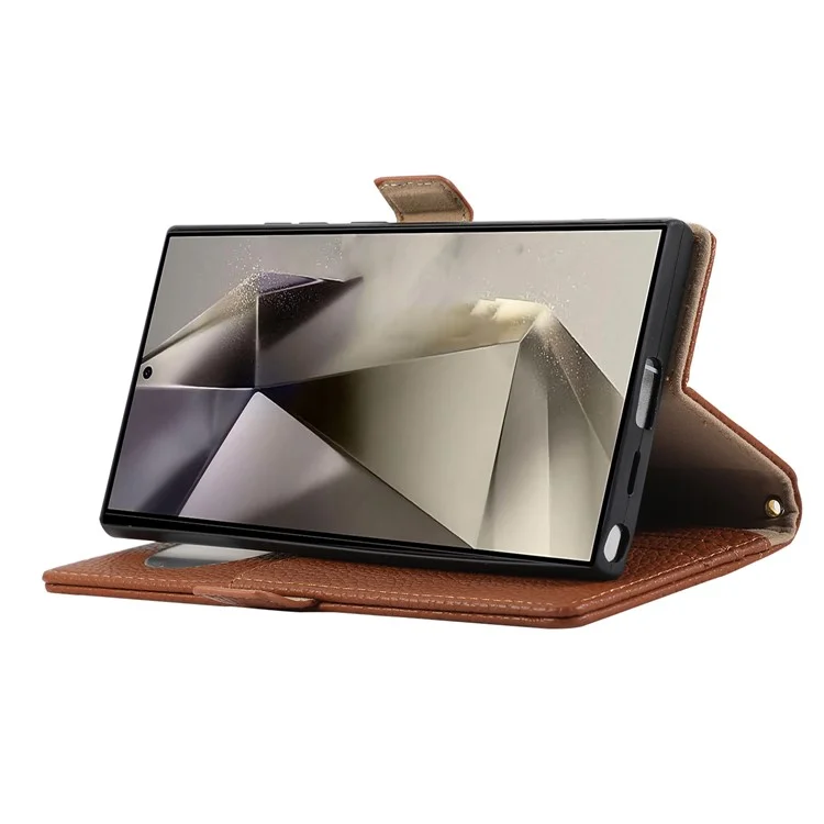For Samsung Galaxy S23 Ultra Wallet Phone Case Shockproof TPU+PU Leather Flip Cover with Mirror, Strap - Brown