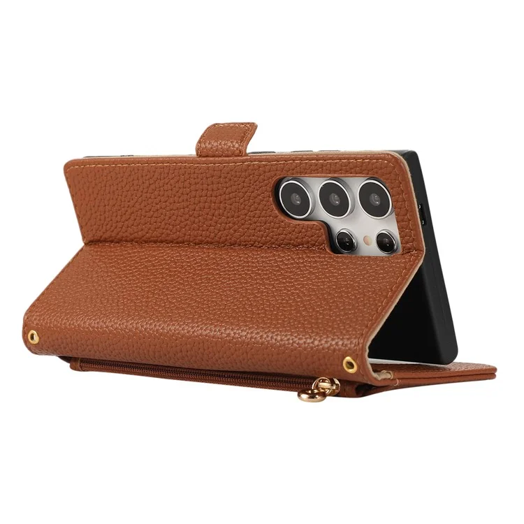 For Samsung Galaxy S23 Ultra Wallet Phone Case Shockproof TPU+PU Leather Flip Cover with Mirror, Strap - Brown