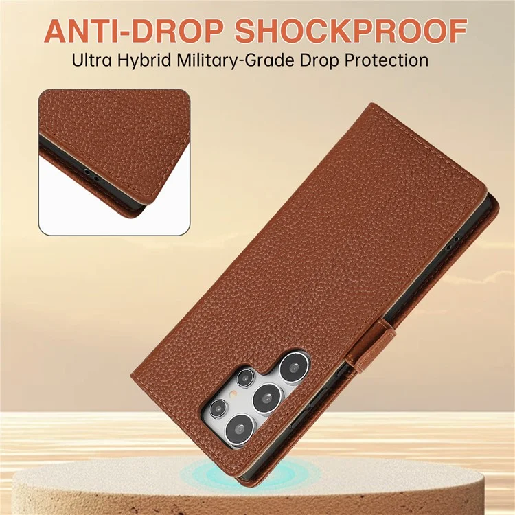 For Samsung Galaxy S23 Ultra Wallet Phone Case Shockproof TPU+PU Leather Flip Cover with Mirror, Strap - Brown