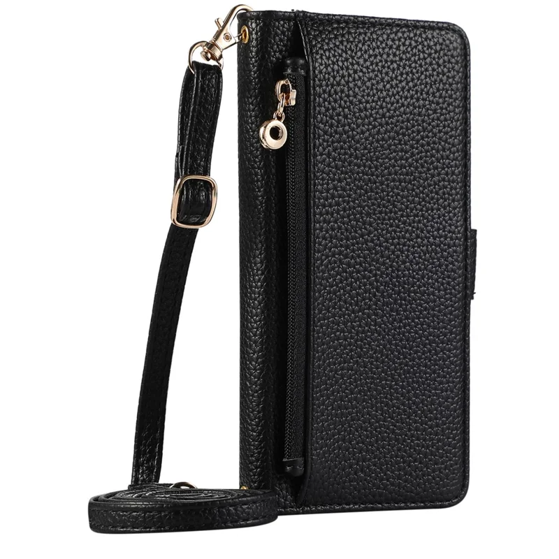 For Samsung Galaxy S23 Ultra Wallet Phone Case Shockproof TPU+PU Leather Flip Cover with Mirror, Strap - Black