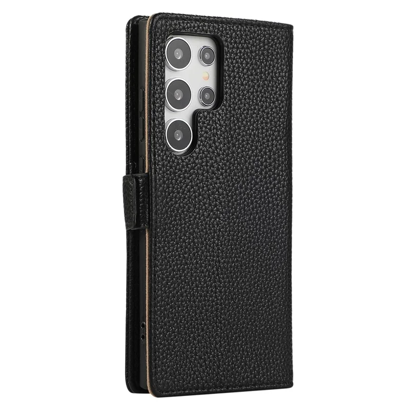 For Samsung Galaxy S23 Ultra Wallet Phone Case Shockproof TPU+PU Leather Flip Cover with Mirror, Strap - Black