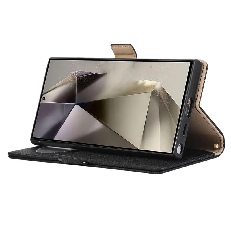 For Samsung Galaxy S23 Ultra Wallet Phone Case Shockproof TPU+PU Leather Flip Cover with Mirror, Strap - Black