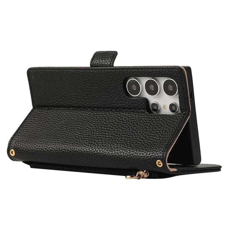 For Samsung Galaxy S23 Ultra Wallet Phone Case Shockproof TPU+PU Leather Flip Cover with Mirror, Strap - Black