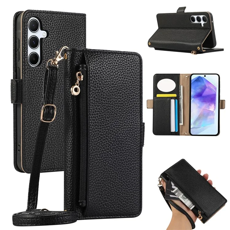 For Samsung Galaxy A55 5G Wallet Phone Case Shockproof TPU+PU Leather Flip Cover with Mirror, Strap - Black