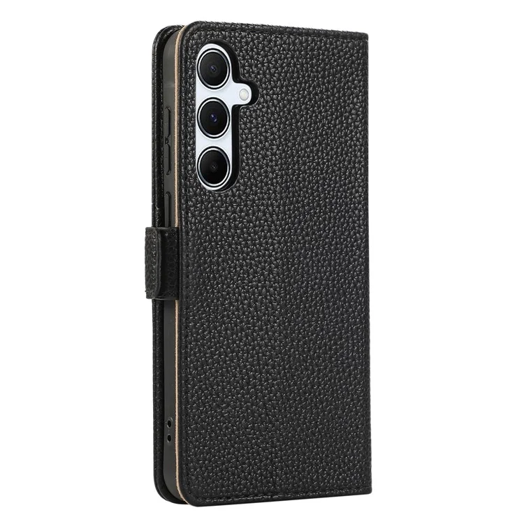 For Samsung Galaxy A55 5G Wallet Phone Case Shockproof TPU+PU Leather Flip Cover with Mirror, Strap - Black