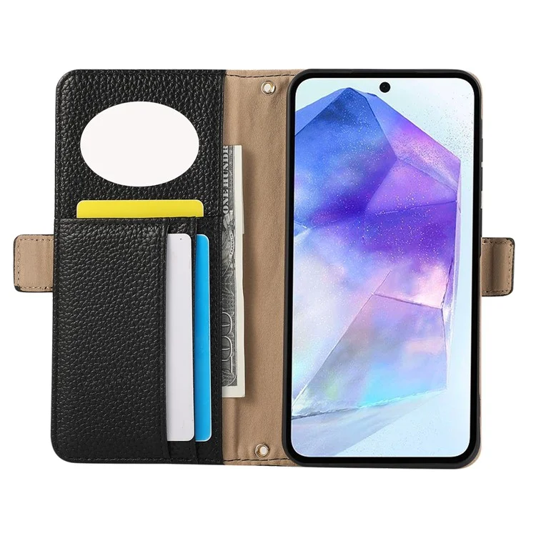 For Samsung Galaxy A55 5G Wallet Phone Case Shockproof TPU+PU Leather Flip Cover with Mirror, Strap - Black