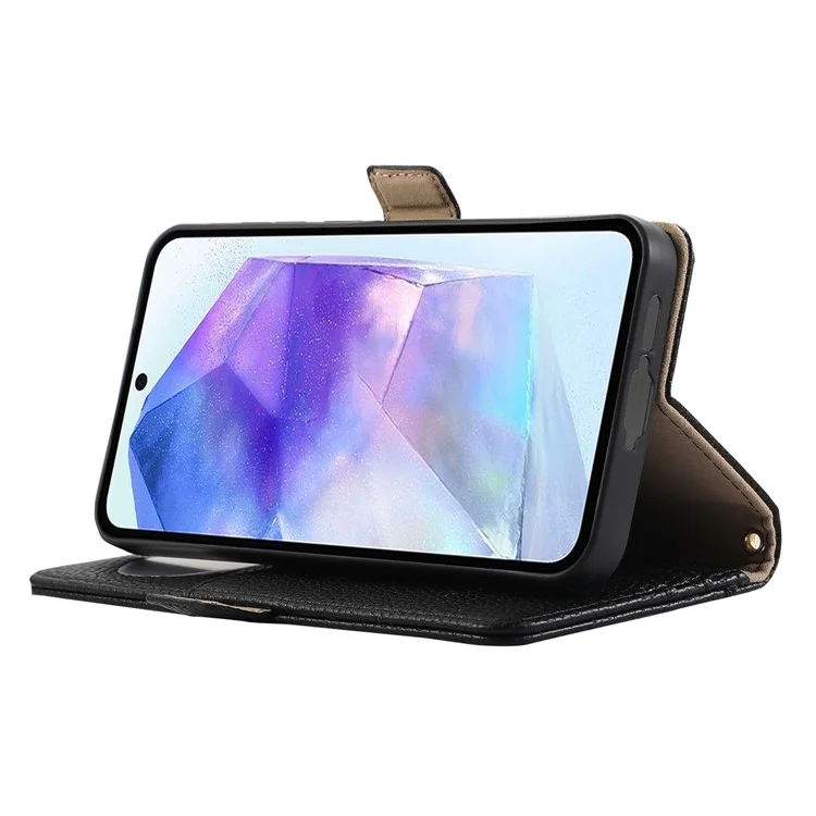 For Samsung Galaxy A55 5G Wallet Phone Case Shockproof TPU+PU Leather Flip Cover with Mirror, Strap - Black